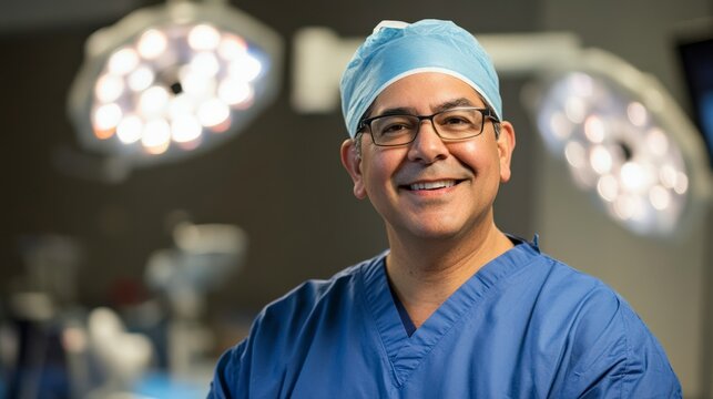 Smiling Hispanic male surgeon in blue scrubs and surgical cap. Bright operating room with medical equipment in the background.