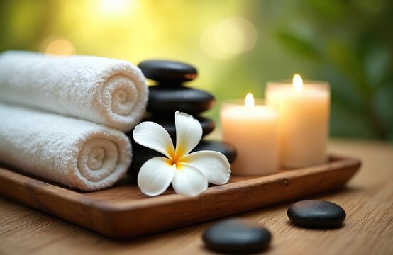 Spa setting with white towels candles zen stones plumeria flower. Massage wellness treatment, relaxation, therapy. Wooden tray, aromatherapy. Ideal for health care, beauty salon, body care.