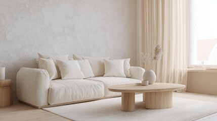 neutral scandinavian living room, off white sofa, wood coffee table, cream rug, textured plaster wall, soft curtains, subtle light accents, calm minimal
