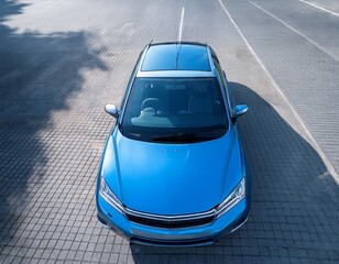 Fototapeta premium blue sedan car from above with sleek design modern aesthetics and clear windows ideal for urban and travel concepts in stock photography