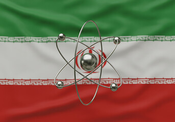 Iranian nuclear program concept with atom model on iran flag background for news and political analysis