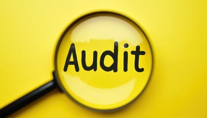Magnifying glass focuses word audit. Financial concept, quality control, inspection assurance. Business, legal analysis, compliance, risk management report, consulting services. Accounting, tax