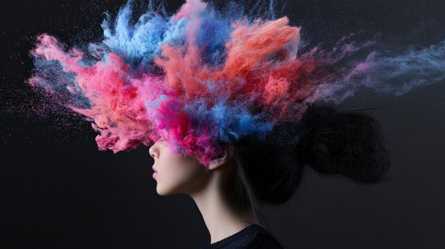A young Asian woman with a bun hairstyle has colorful powder exploding from her head. 