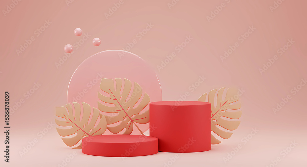 Poster coral podiums and monstera leaves in a soft pink studio setting, with floating spheres adding a touc
