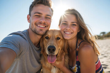 A smiling couple enjoying a sunny day at the beach, taking a selfie with their joyful Golden Retriever, with the sun shining brightly behind them.