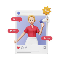 Social media marketing cartoon illustration with megaphone and like icons in a 3d render