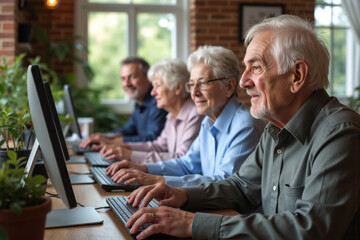 Elderly individuals happily engaged in a computer class, seated at desks with greenery and natural light.