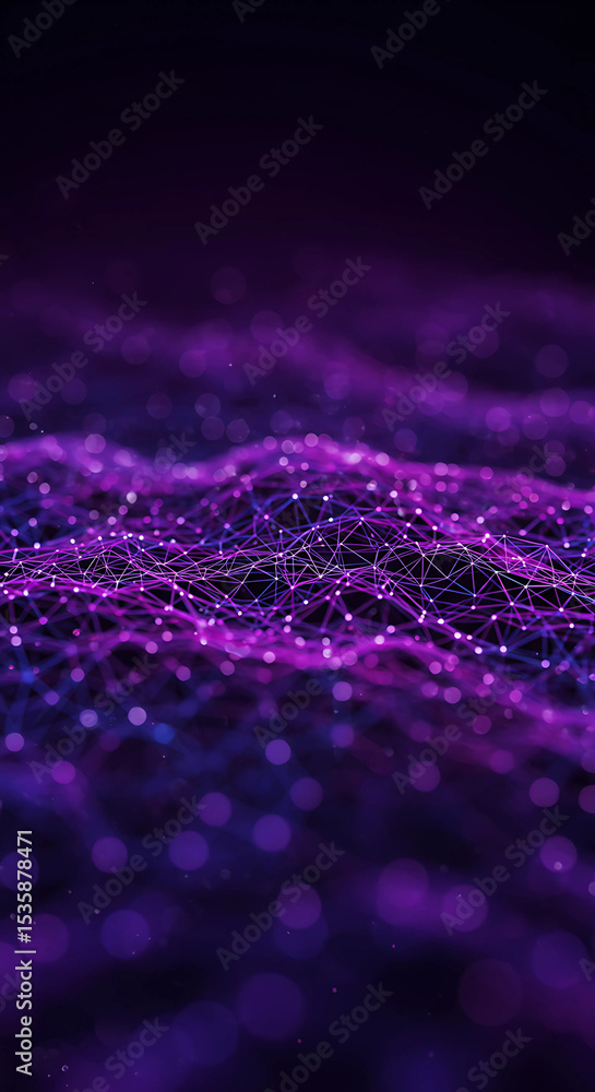 Poster a vibrant purple network of interconnected nodes undulating across a dark, bokehfilled expanse