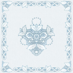 Square seamless pattern, wallpaper with hand embroidered white vintage napkin ornament in art nouveau style. Watercolor hand drawn illustration on a light blue watercolor background