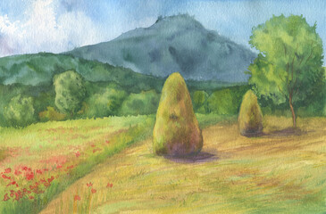 Panoramic view, summer landscape - haystacks among yellow wheat fields and high mountains on the horizon. Hand painted with watercolors