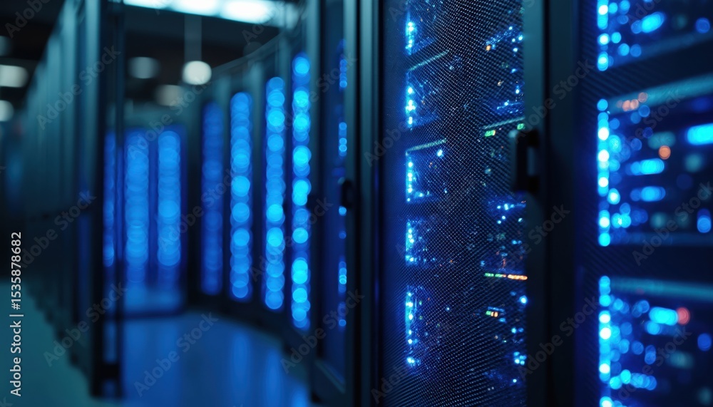 Aufkleber Blue digital shields in server rack protect data. Cyber security, data protection, cloud storage, network infrastructure, information technology. Secure data center.