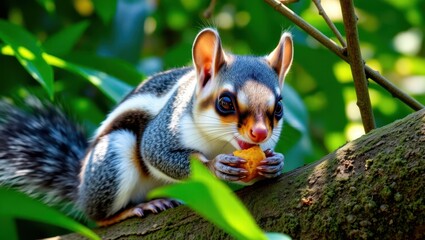 Fototapeta premium Squirrel Enjoying a Snack on a Tree Branch with Vivid Colors and Detail