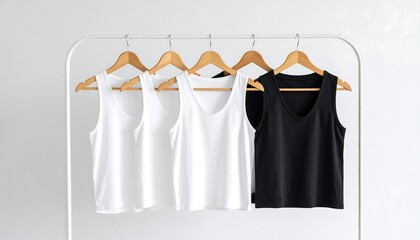 Blank tank tops on a clothes rail