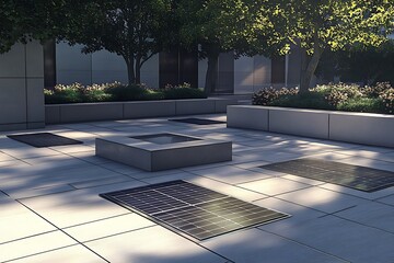 Modern urban plaza featuring integrated ground solar panels, surrounded by planters and sleek architecture, demonstrating sustainable energy use in contemporary public design