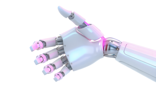 White cyborg robotic hand pointing his finger - 3D rendering isolated on free PNG background.