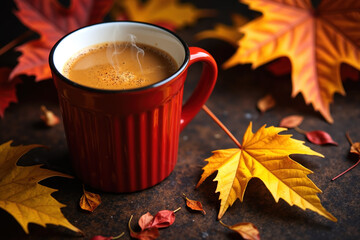 A red mug with a ribbed design and black rim, filled with steaming coffee, sits on a dark surface surrounded by vibrant autumn leaves.
