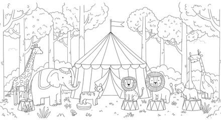 Fototapeta premium Enchanting Circus Coloring Page Animals Under the Big Top in Nature's Embrace