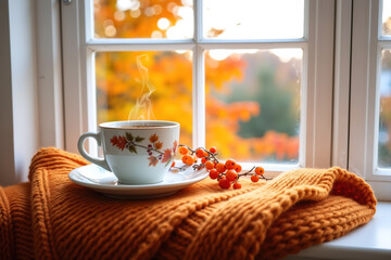 A steaming cup of coffee on a saucer with a spoon, adorned with autumn leaves, sits on an orange knitted blanket by a white window with a blurred autumnal background.