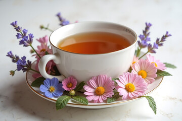 A white tea cup filled with tea, surrounded by pink and purple flowers on a saucer.