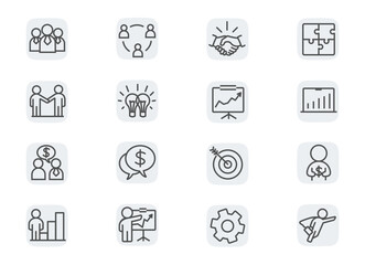 Synergy, deals and business success. Concept editable stroke outline icons set isolated on white background flat vector illustration. Pixel perfect