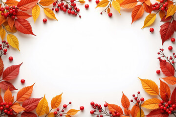 A frame of colorful autumn leaves and red berries on a white background, creating a vibrant and seasonal border with space in the center.