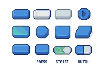 Pixel art buttons: various blue design states and styles in rows