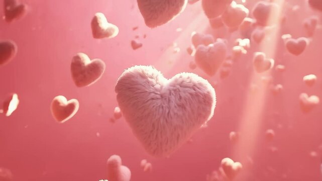Floating Fluffy Hearts and Light Beams.  An artistic, romantic image featuring a multitude of fluffy, heart-shaped objects floating in the air. The hearts are a soft, muted pink color