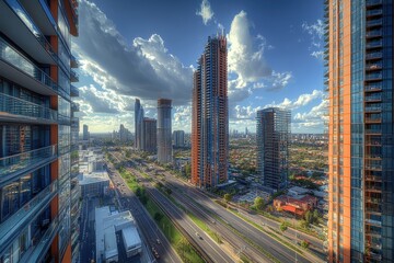 Fototapeta premium View of modern skyline with skyscrapers and busy streets in a vibrant city during the daytime with scattered clouds