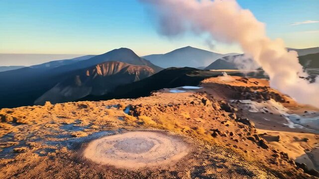 Aerial view of geothermal area featuring fumaroles and steam vents during sunset in a volcanic landscape with hills and dramatic skies.