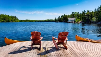 two adirondack chairs sit on a wooden dock overlooking a blue muskoka lake nearby cabins line the shore a canoe is tied up and paddles rest inside capturing the essence of summer