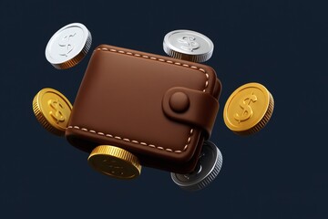 Financial Harmony: A brown wallet with coins, a visual representation of wealth, savings and financial security.