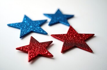 Obraz premium Red and blue stars on white. Festive decor for 4th of July, Independence Day celebration. Patriotic holiday. Stars with glitter, symbols of patriotism, freedom, memorial, America.