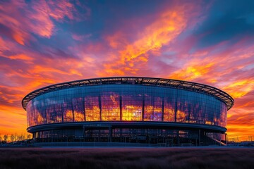 Vibrant sunset illuminates stadium exterior with striking colors and dramatic sky over urban landscape during evening hours