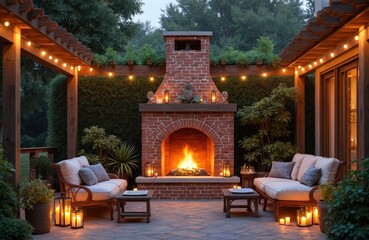 Obraz premium Cozy outdoor living space with fireplace. Comfortable seating area for relaxation. Exterior design with chairs table, and decor, fireplace adds warmth, creating inviting home atmosphere.