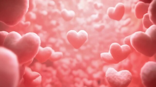 Floating Fluffy Hearts and Light Beams.  An artistic, romantic image featuring a multitude of fluffy, heart-shaped objects floating in the air. The hearts are a soft, muted pink color