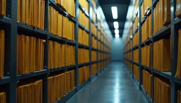 Illustration of archive storage room with yellow folders on shelves. Well organized filing system, rows of records, documents. Data storage, information management, library, office interior. Pro
