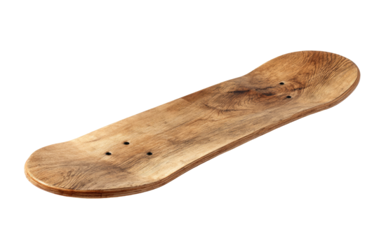 Angled Wooden Skateboard Deck Showing Grain Detail and Drilled Holes.