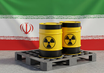 Iran nuclear program concept: yellow barrels with radiation symbol on a pallet with iranian flag background