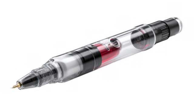 Insulin pen injector syringe delivering vibrant red liquid medicine against a transparent background, illustrating essential medical treatment for managing diabetes effectively