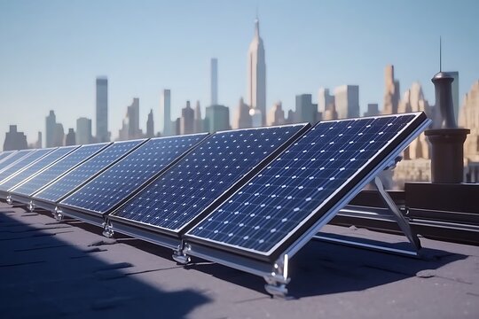 Solar Panels on a New York City Rooftop Chimney View - Powered by Adobe
