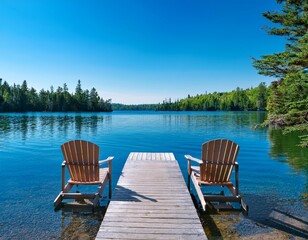 a calm lake with a wooden dock in the foreground in algonquin provincial park ontario canada two adirondack chairs face the blue water surrounded by lush green trees under a clear sky