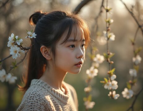 Young woman portrait in early spring sunny day, blooming willow branches. Girl enjoys sunlight, fresh air in park, wearing cozy sweater. Natural beauty, health, wellness concept. Springtime,