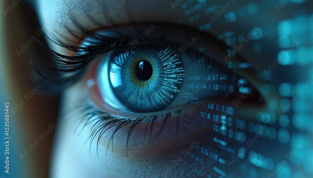 Poster Woman eye reflects binary code. Digital data streams across eye. Concept of cyber security, artificial intelligence, data processing, information tech. Futuristic visual, exploring tech impact human