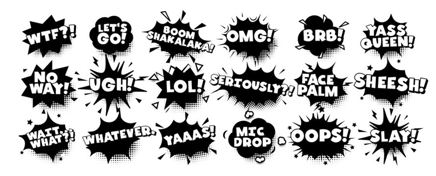 Comic meme speech bubbles with viral slang and emotional expressions in bold monochrome retro pop style. Ideal for humor, internet reactions, quotes, design elements. Vector illustration.