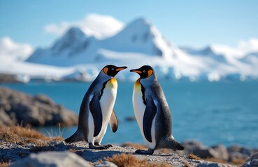 Fototapeta premium Two penguins stand close against scenic backdrop of mountains, sea. Flightless birds in natural habitat, show unique beauty. White, blue ice, snowy landscape, animals wildlife, cold winter scene.