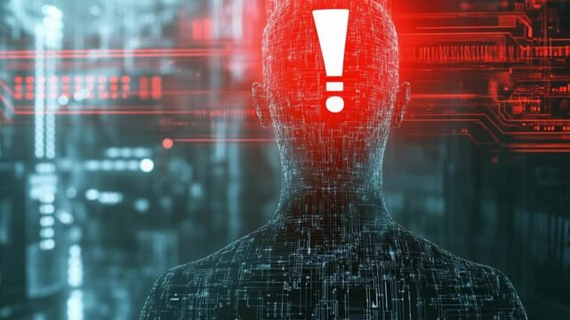 Futuristic silhouette with exclamation mark head amidst a digital landscape, symbolizing alertness