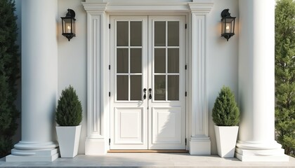 Elegant white home exterior with double doors lanterns, plants. Modern entrance with stylish design perfect for real estate, home decor, property advertisement, house selling, architectural projects.