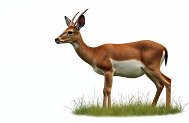 Obraz premium European roe deer stands. Brown deer with horns on green grass with white background. Wildlife animal in natural habitat, cut out for design, presentation, eco projects.