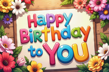 A colorful frame with various flowers and a sign that says Happy Birthday to You in bright letters.