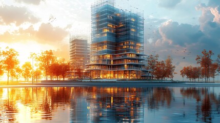 Ai Concept Image of a Futuristic Highrise Undergoing Virtual Inspection By Computer System Focusing Measurement Data and Premium Sustainable Construction